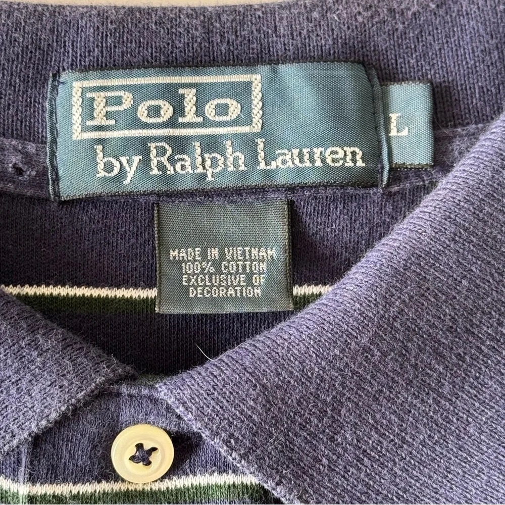 Polo Ralph Lauren Mens 100% Cotton Polo Shirt Large Navy green cream microstripe